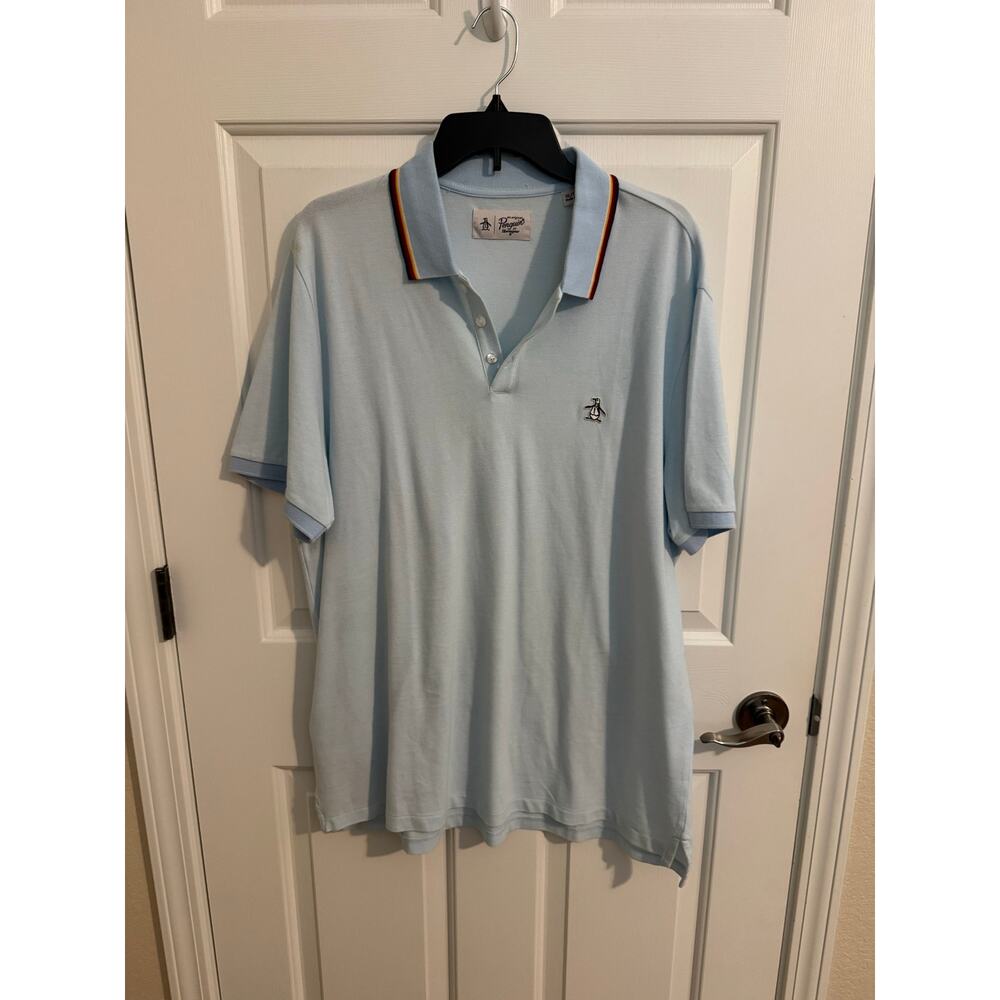 Penguin by Muningswear 100% Cotton Polo Light Blue Rainbow Collar XL